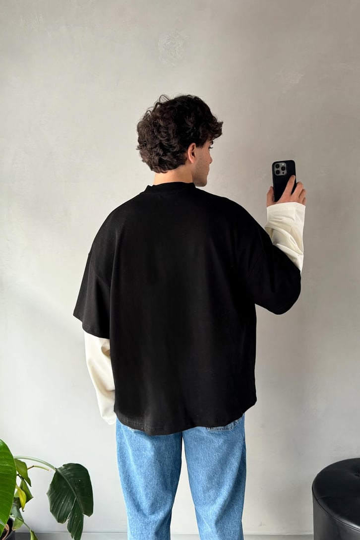 Çift Kollu Siyah-Ekru Basic Oversize Long Sleeve Tişört