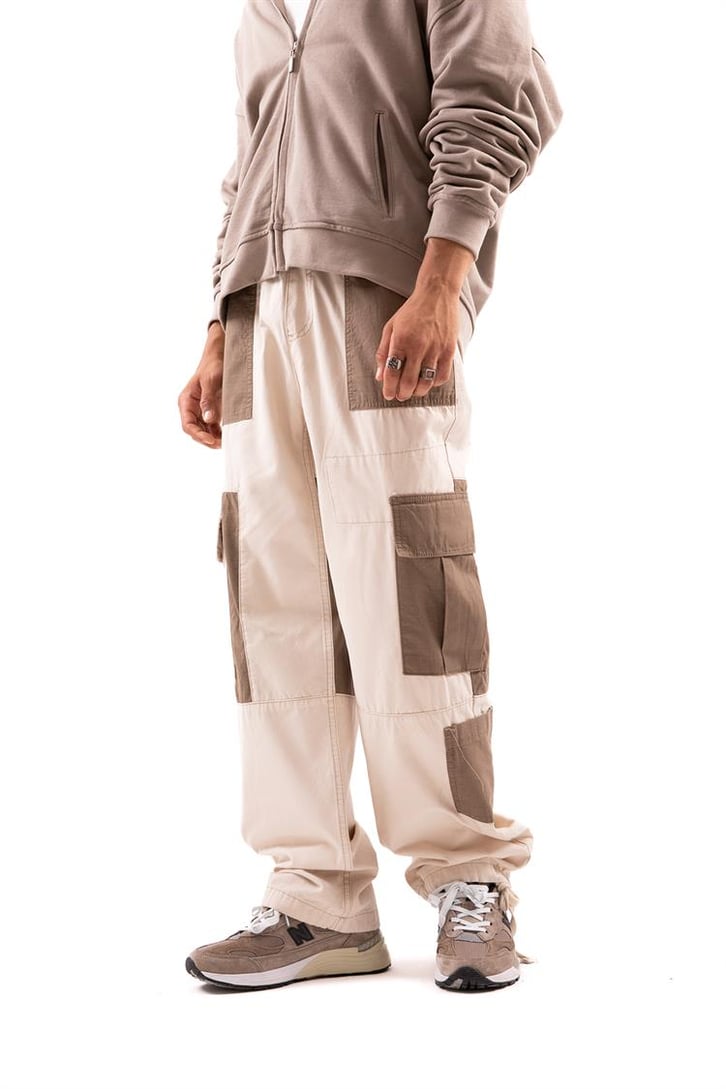 Çift Renkli Krem Kargo Baggy Pantolon