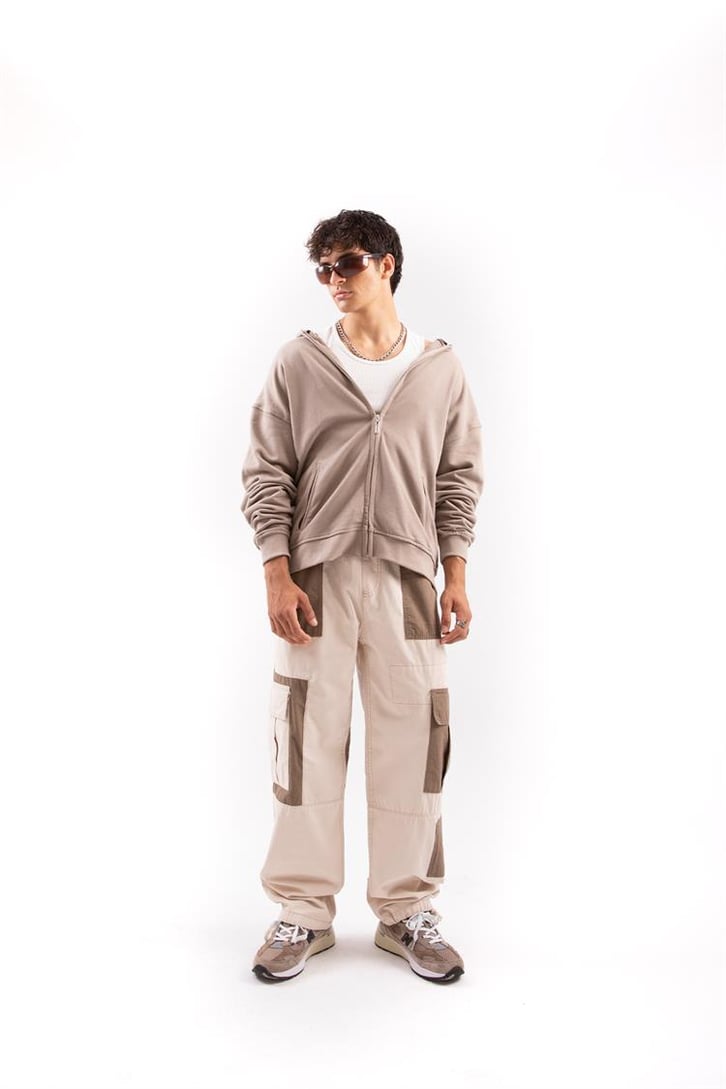 Çift Renkli Krem Kargo Baggy Pantolon