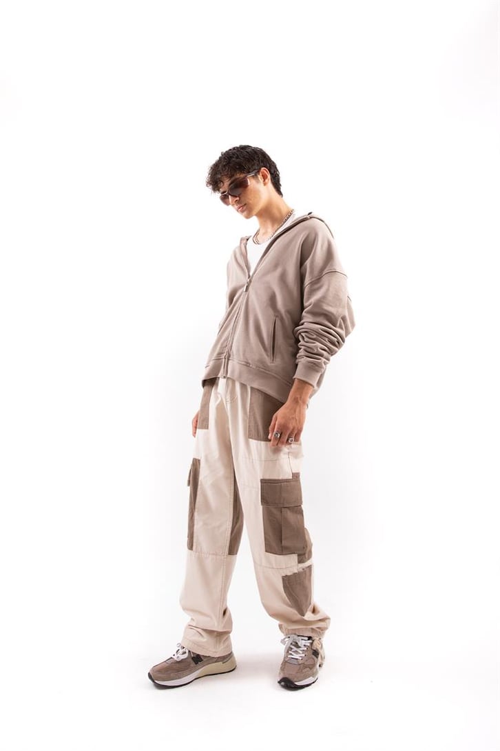 Çift Renkli Krem Kargo Baggy Pantolon
