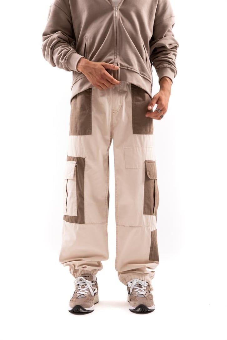 Çift Renkli Krem Kargo Baggy Pantolon