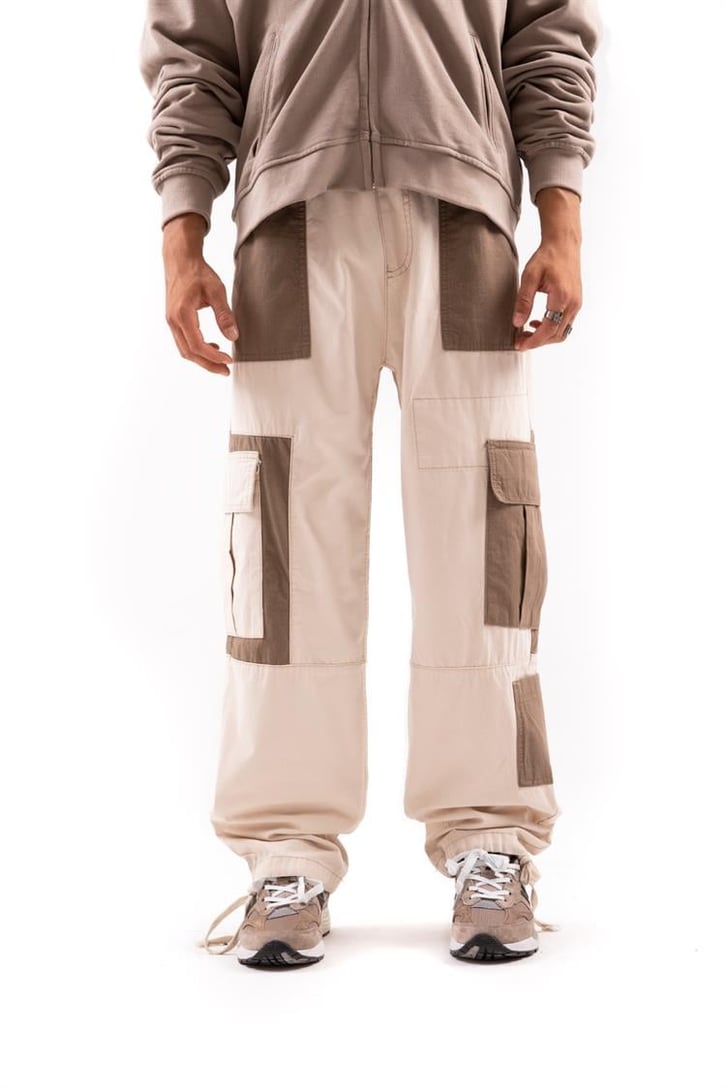 Çift Renkli Krem Kargo Baggy Pantolon