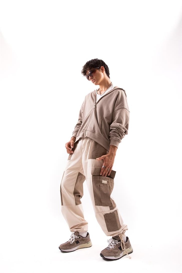 Çift Renkli Krem Kargo Baggy Pantolon