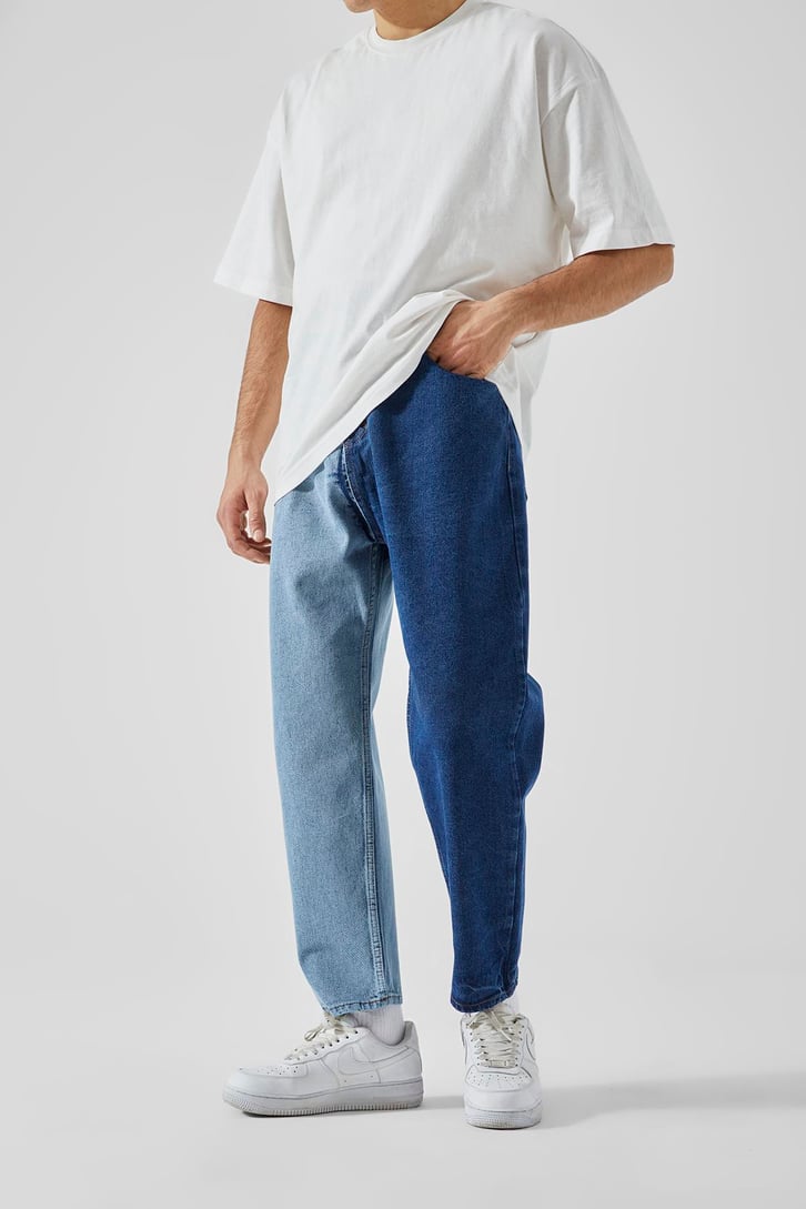 Çift Renkli Mavi Mom Jean