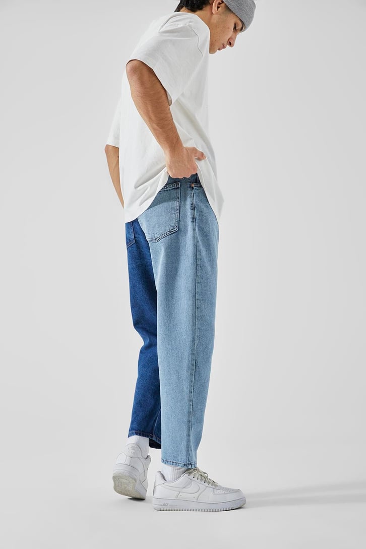 Çift Renkli Mavi Mom Jean