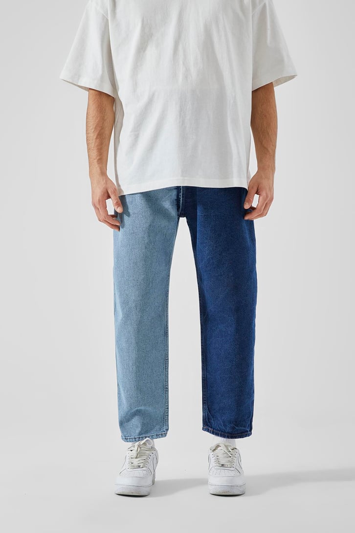 Çift Renkli Mavi Mom Jean