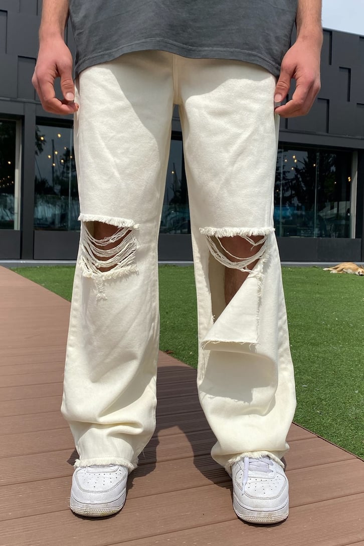 Çift Yırtık Detaylı Baggy Jean