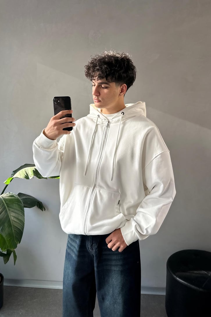 Çift Zip Basic Beyaz Oversize Hoodie