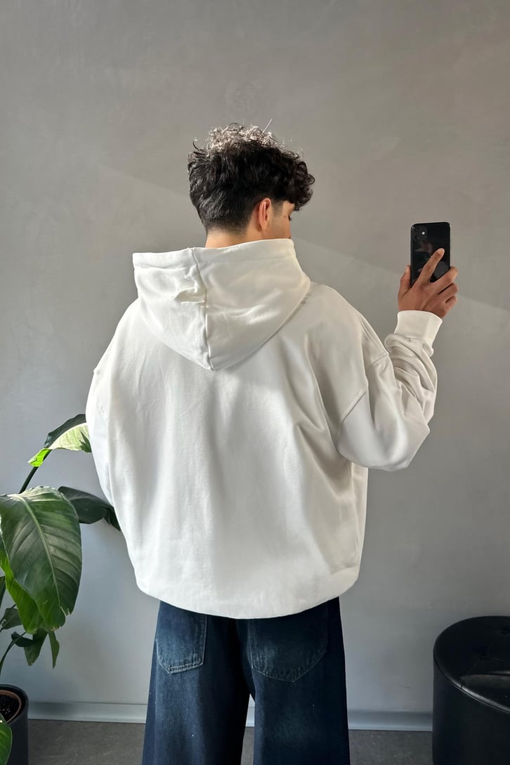 Çift Zip Basic Beyaz Oversize Hoodie
