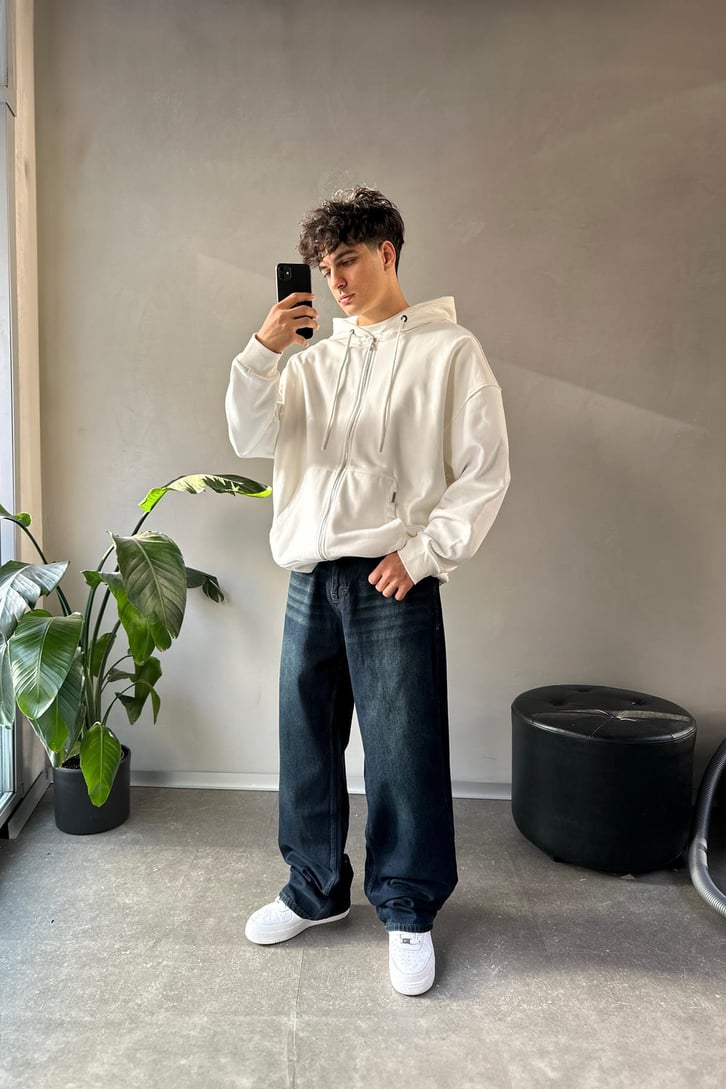 Çift Zip Basic Beyaz Oversize Hoodie