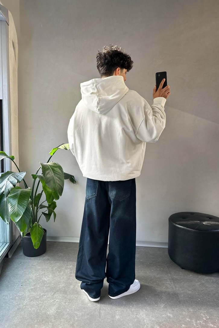 Çift Zip Basic Beyaz Oversize Hoodie