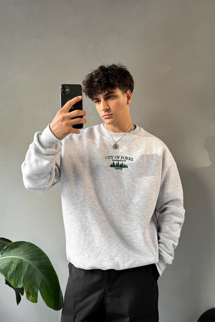City Of Forks Nakışlı Bisiklet Yaka Sweatshirt