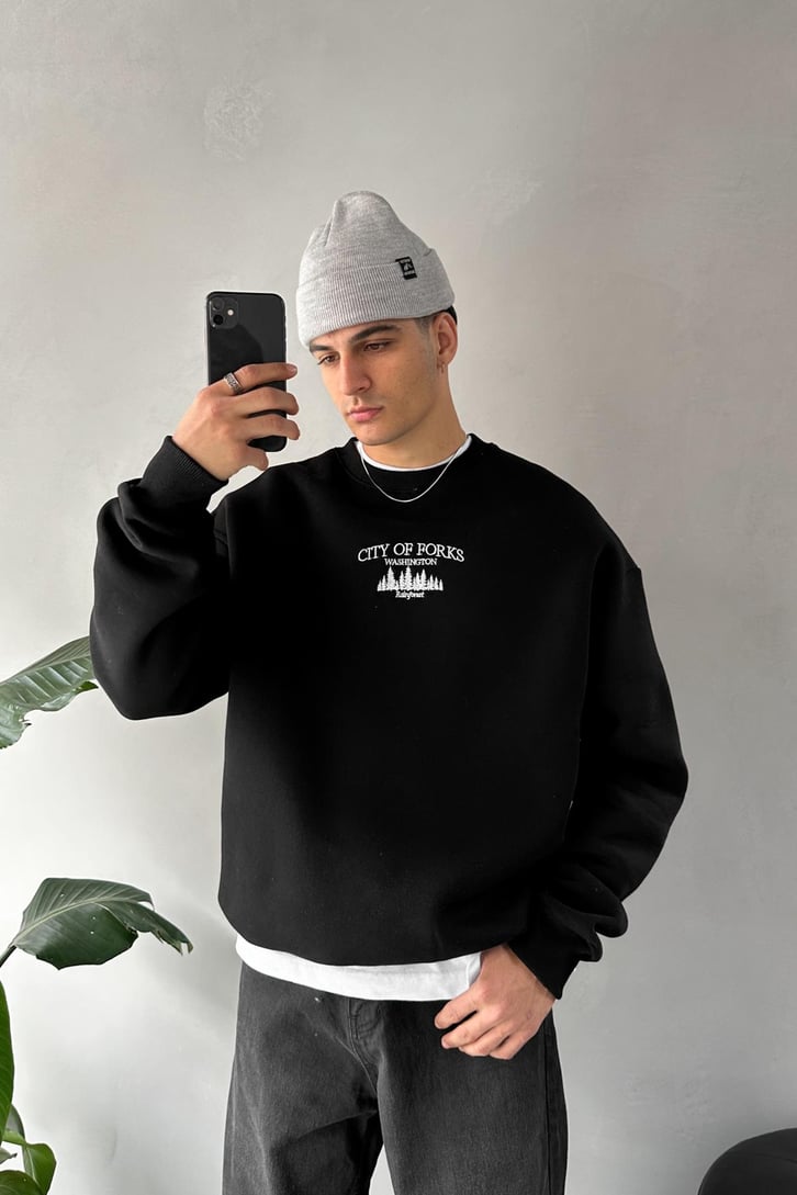City Of Forks Nakışlı Bisiklet Yaka Sweatshirt