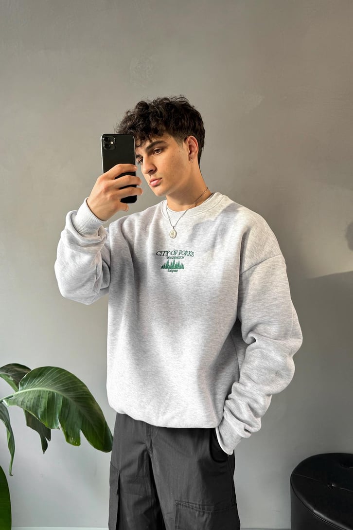 City Of Forks Nakışlı Bisiklet Yaka Sweatshirt