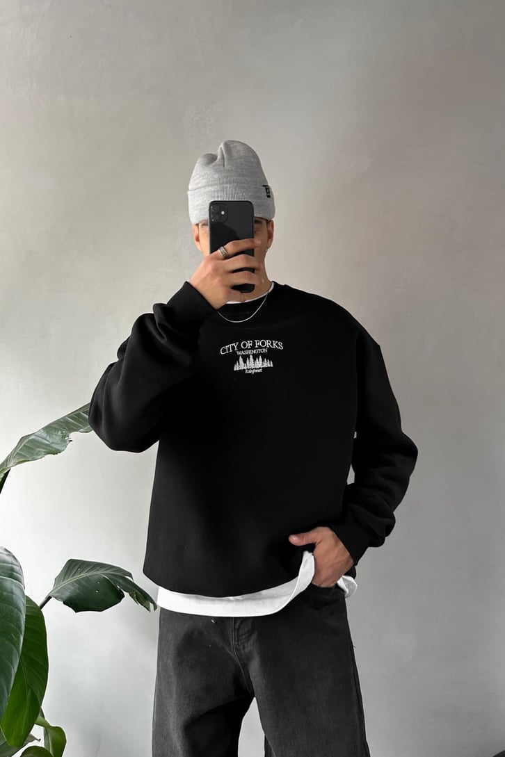 City Of Forks Nakışlı Bisiklet Yaka Sweatshirt