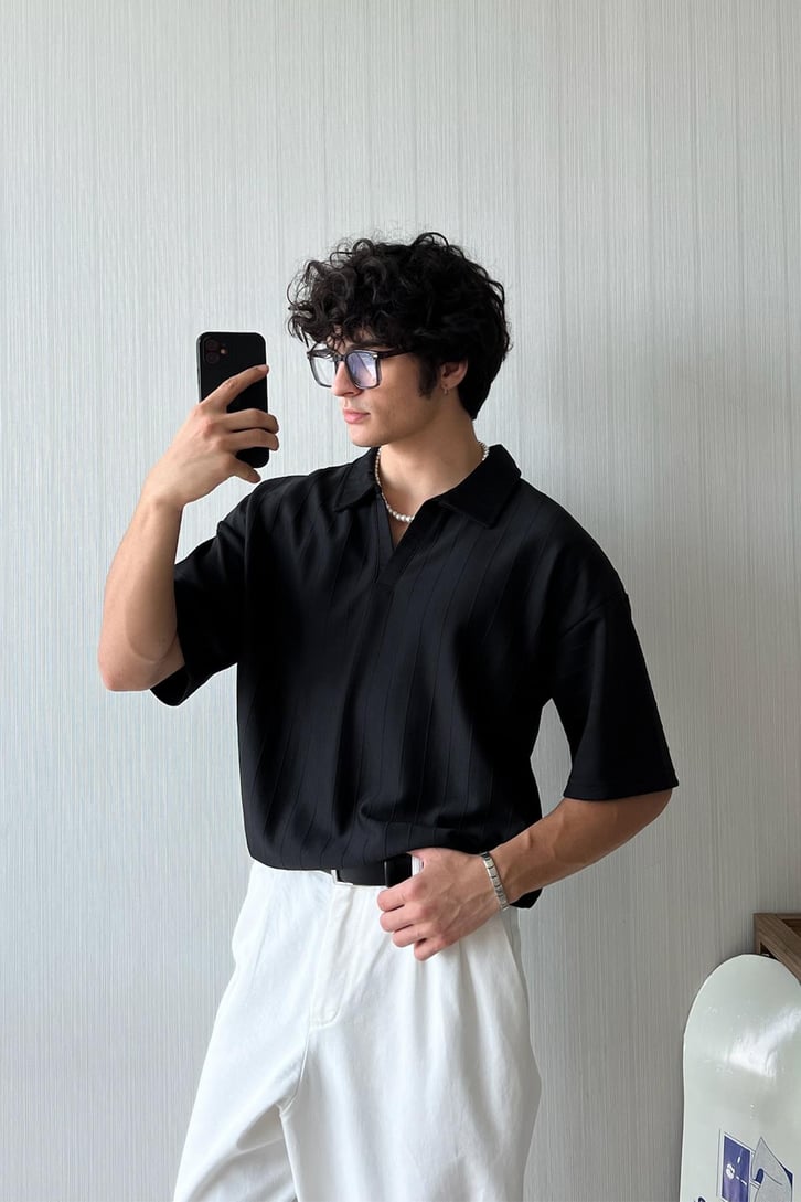 Çizgi Dokulu Oversize Polo Yaka Tişört