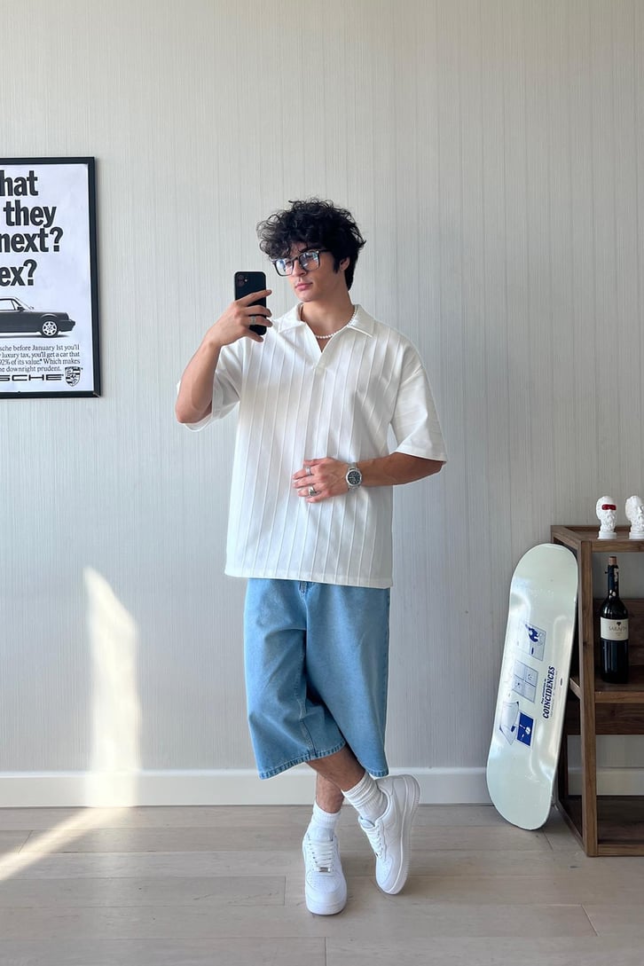 Çizgi Dokulu Oversize Polo Yaka Tişört