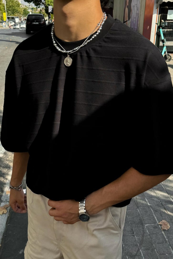 Çizgi Dokulu Oversize Tişört