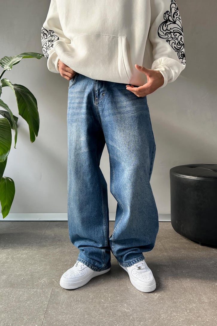 Çizgi Taşlamalı Baggy Jean