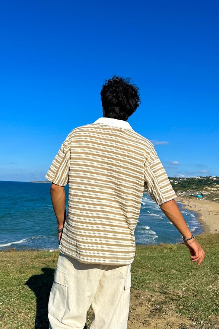 Çizgili Ajurlu Bej Oversize Gömlek