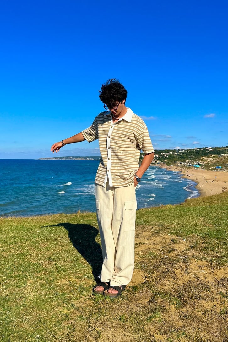 Çizgili Ajurlu Bej Oversize Gömlek