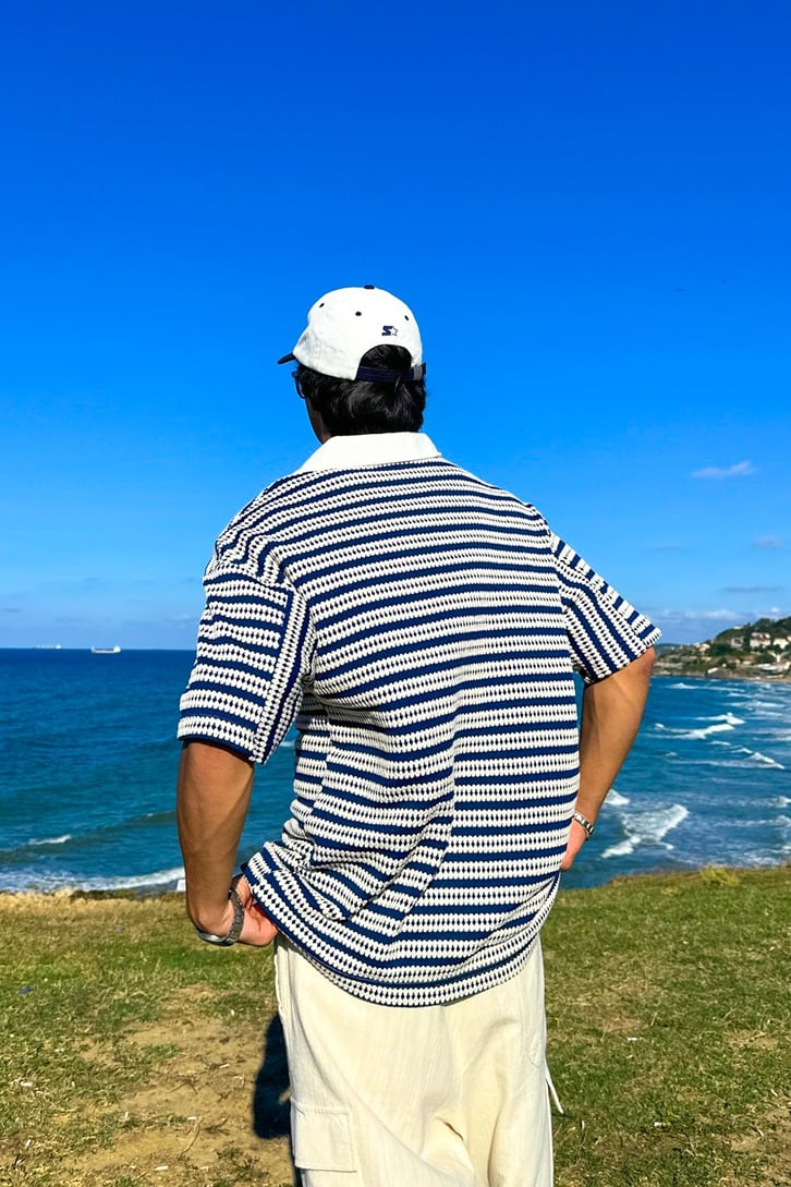 Çizgili Ajurlu Lacivert Oversize Gömlek