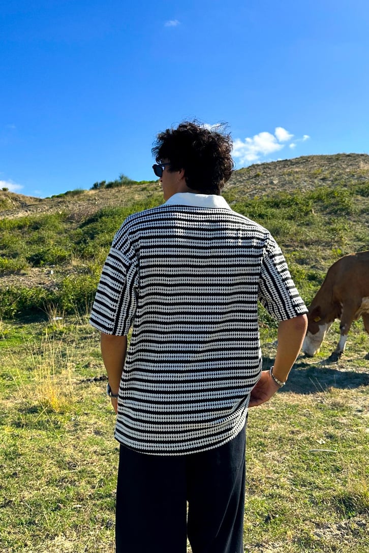 Çizgili Ajurlu Oversize Gömlek