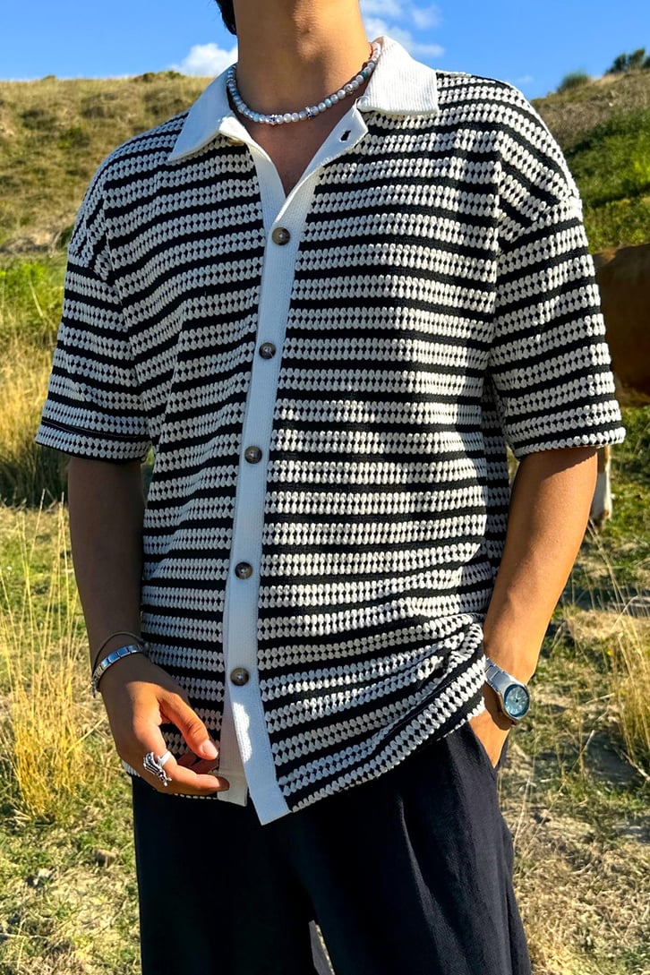 Çizgili Ajurlu Oversize Gömlek