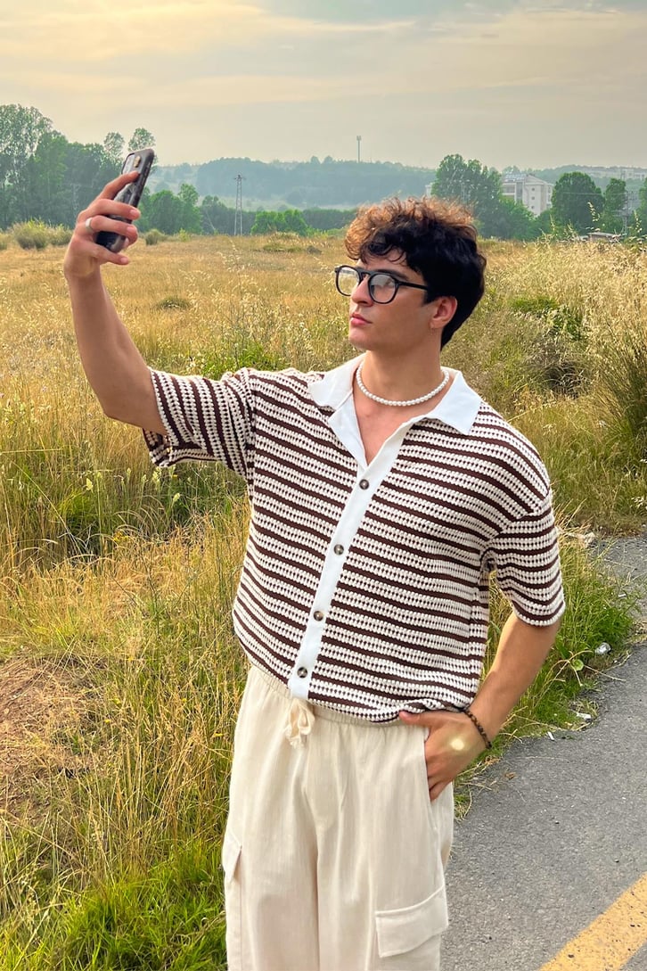 Çizgili Ajurlu Oversize Gömlek