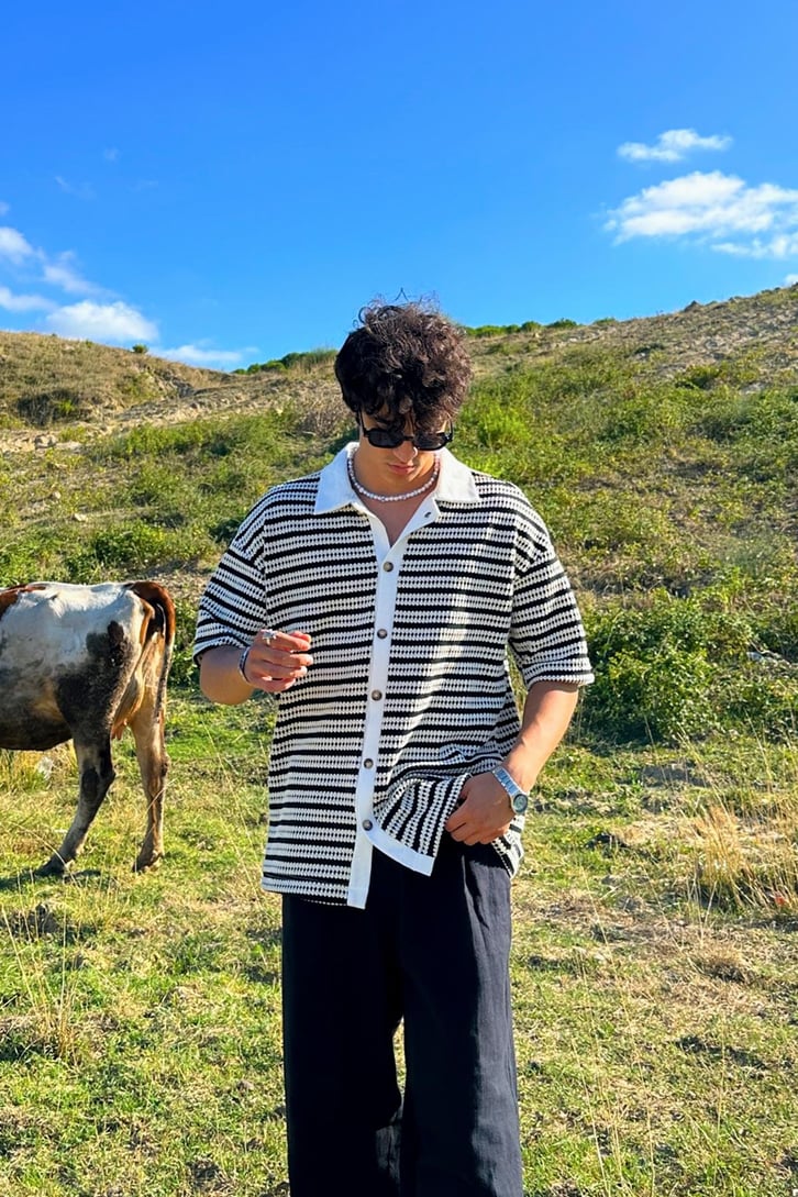 Çizgili Ajurlu Oversize Gömlek