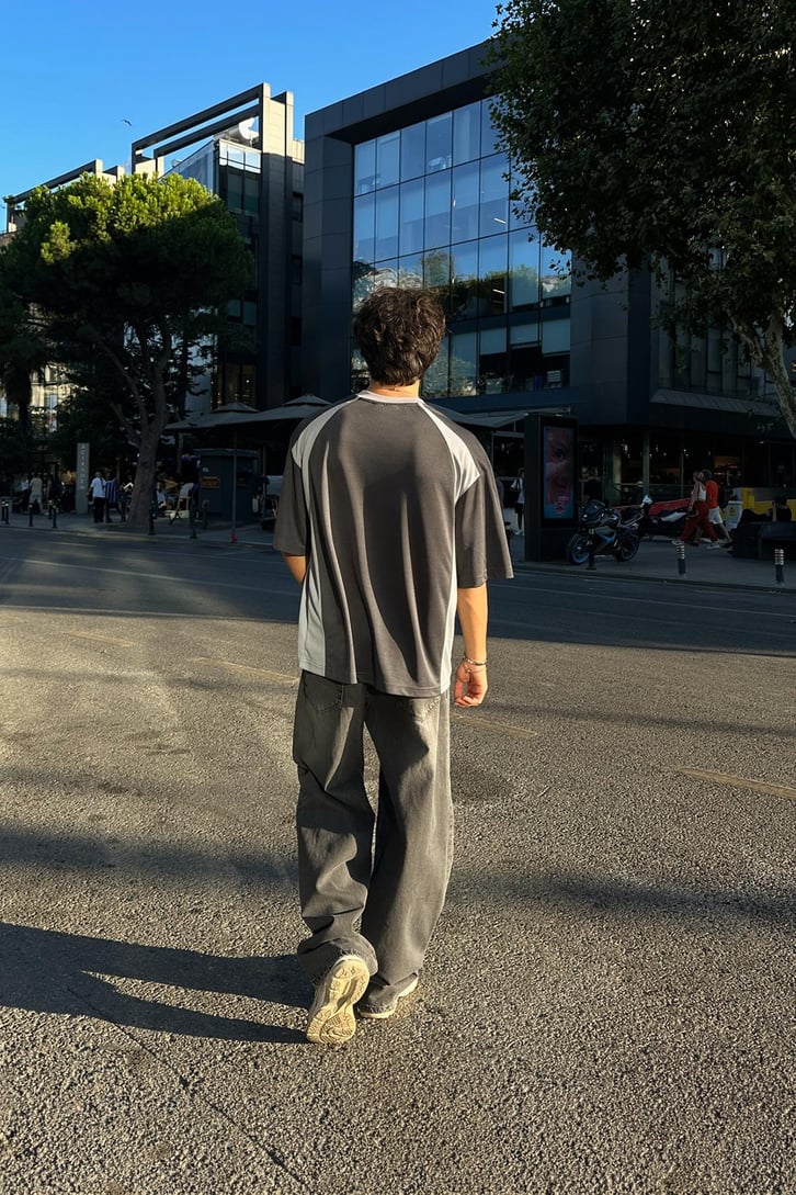 Çizgili Antrasit Baggy Jean
