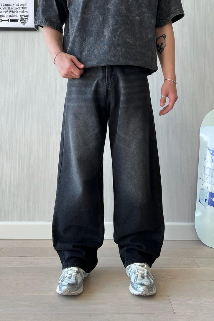 Çizgili Antrasit Baggy Jean