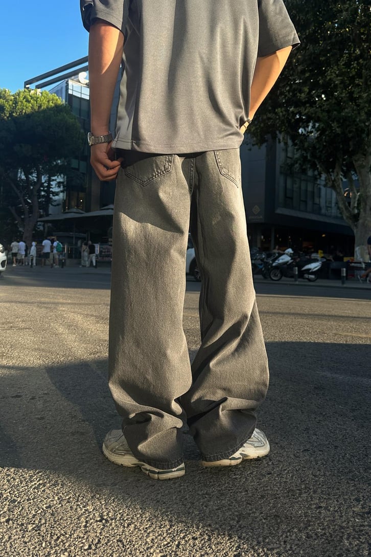 Çizgili Antrasit Baggy Jean