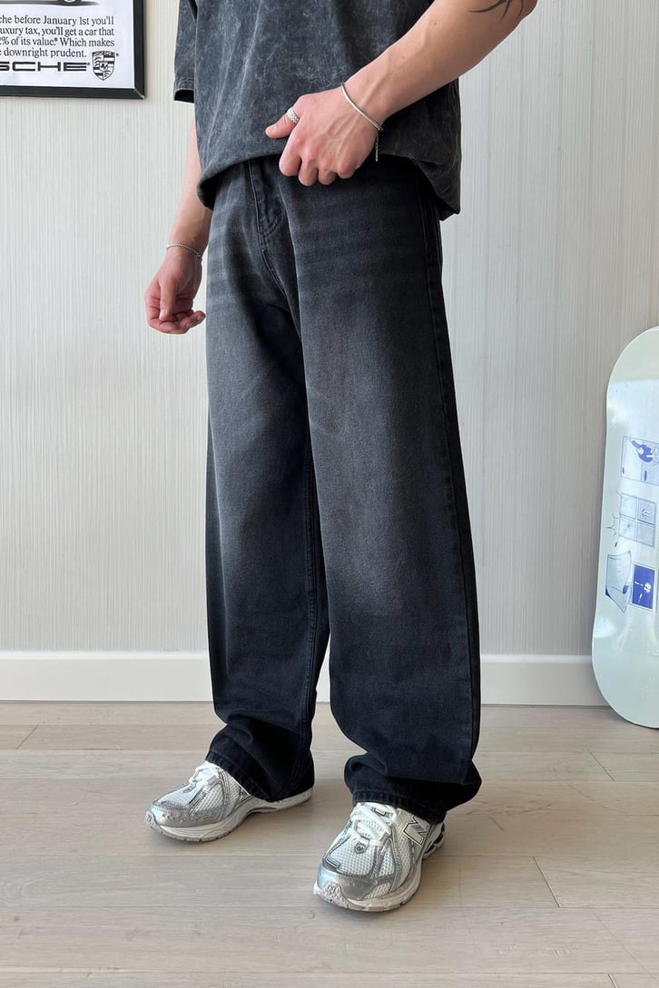 Çizgili Antrasit Baggy Jean