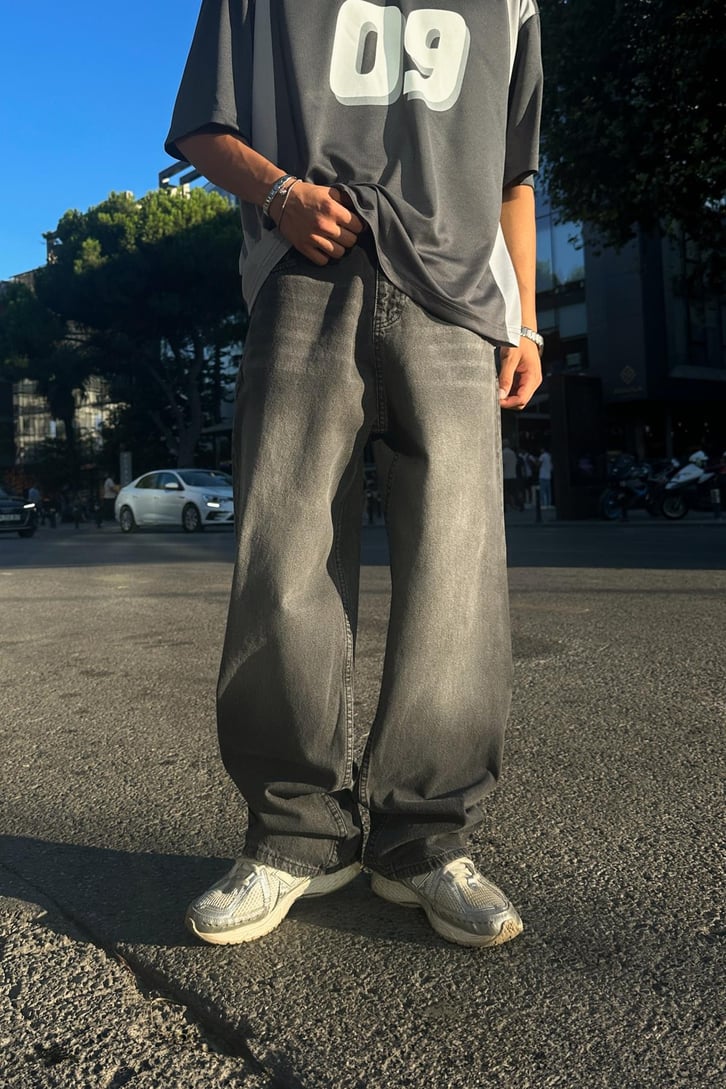 Çizgili Antrasit Baggy Jean