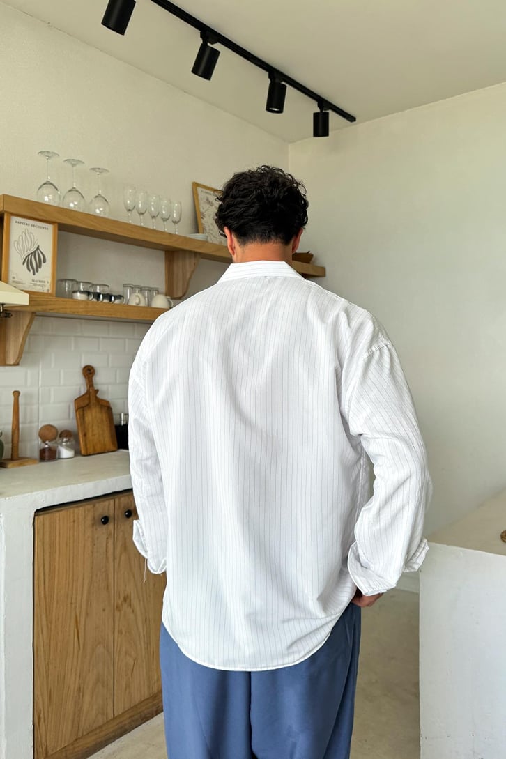 Çizgili Apaş Yaka Oversize Gömlek