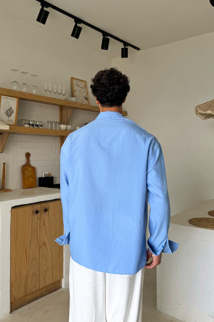 Çizgili Apaş Yaka Oversize Gömlek
