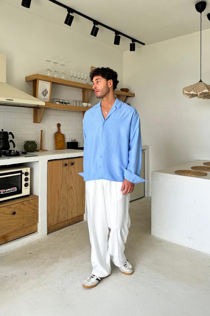 Çizgili Apaş Yaka Oversize Gömlek