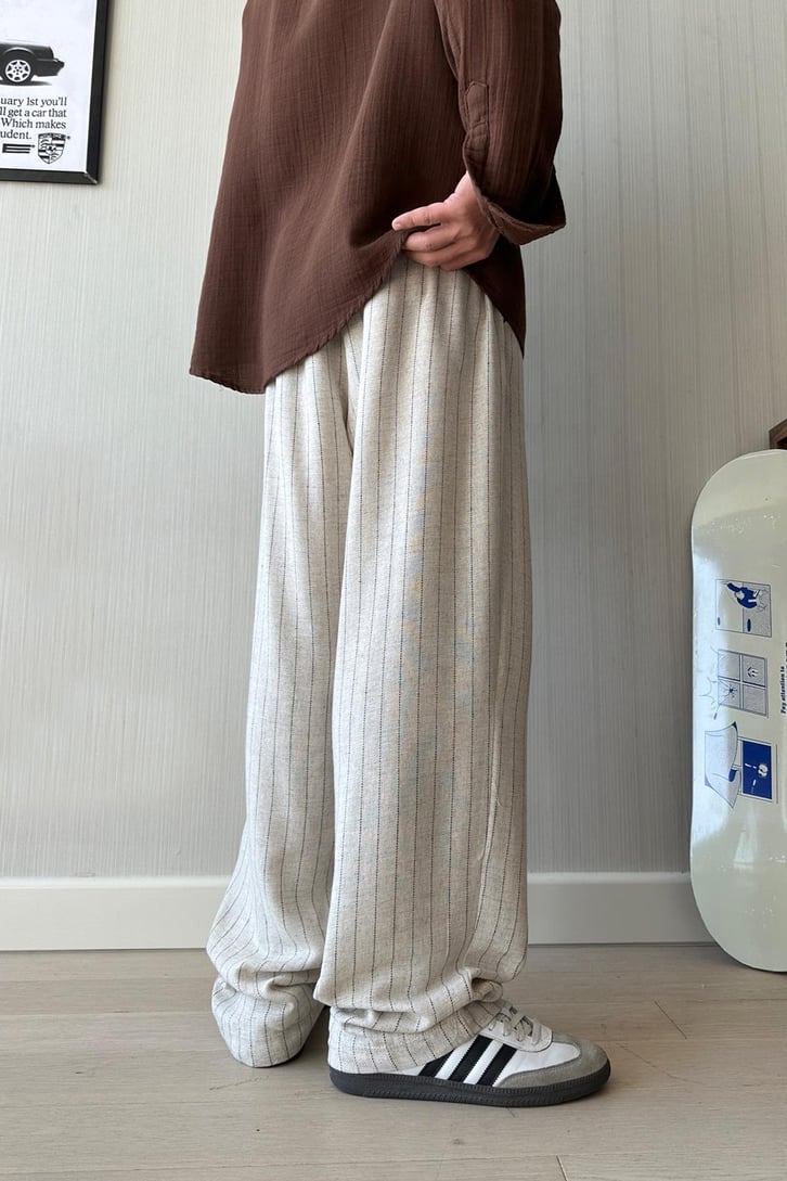 Çizgili Beli Lastikli Keten Pantolon