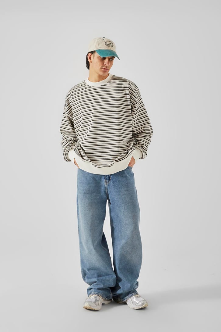 Çizgili Bisiklet Yaka Gri Oversize Hoodie