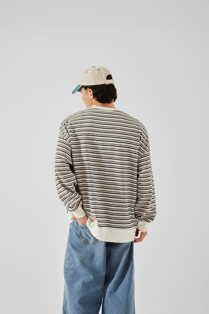 Çizgili Bisiklet Yaka Gri Oversize Hoodie