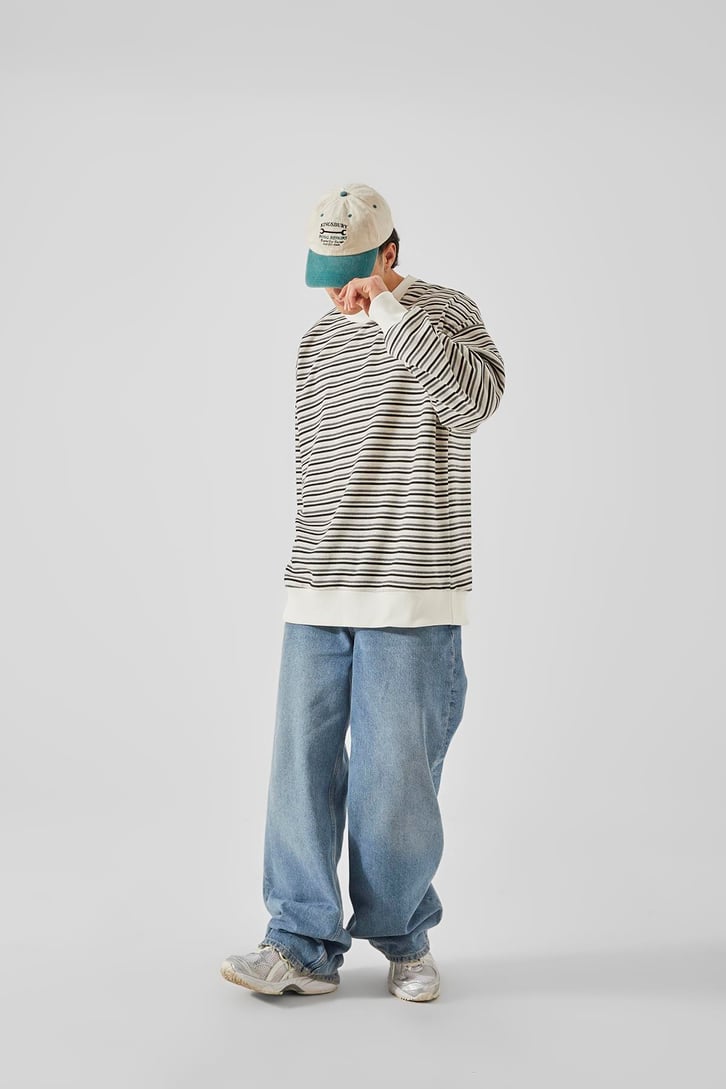 Çizgili Bisiklet Yaka Gri Oversize Hoodie