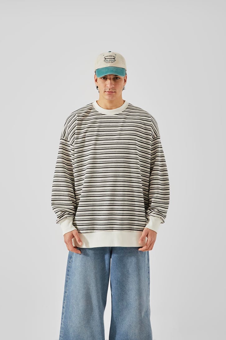 Çizgili Bisiklet Yaka Gri Oversize Hoodie