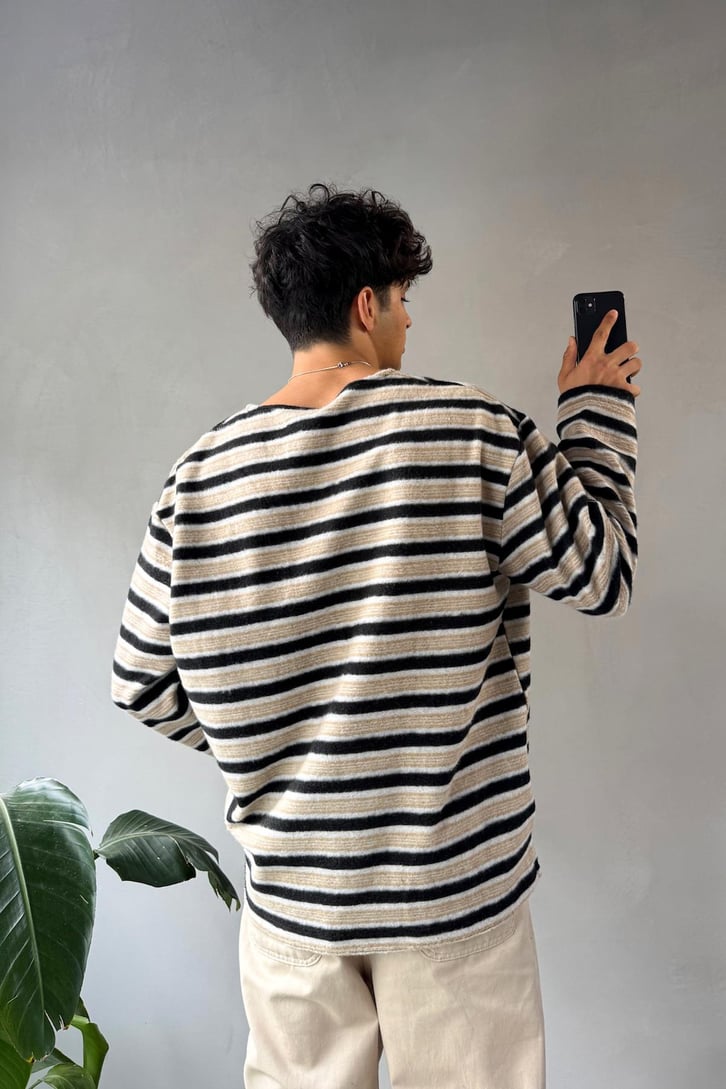 Çizgili Bisiklet Yaka Oversize Sweatshirt