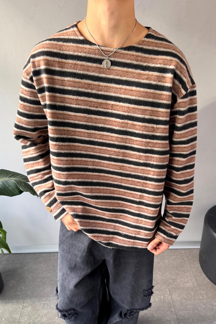 Çizgili Bisiklet Yaka Oversize Sweatshirt