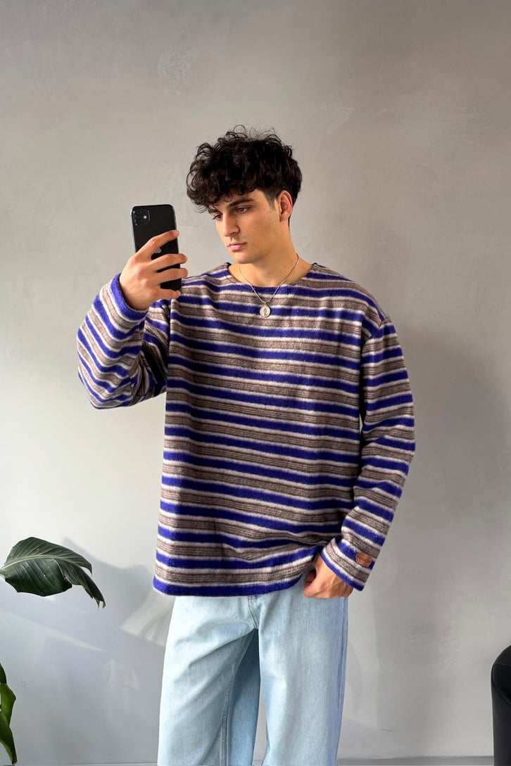Çizgili Bisiklet Yaka Oversize Sweatshirt