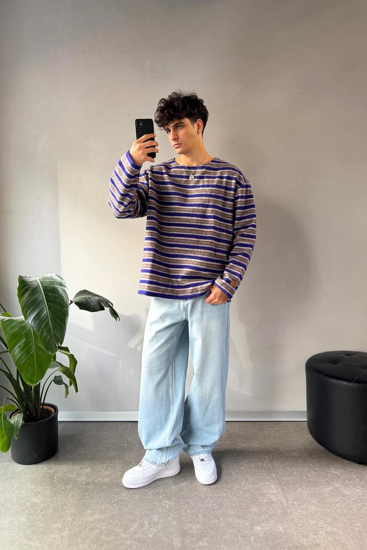 Çizgili Bisiklet Yaka Oversize Sweatshirt