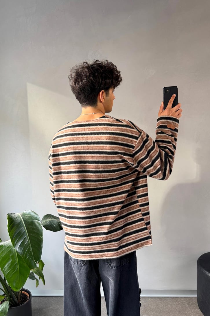 Çizgili Bisiklet Yaka Oversize Sweatshirt