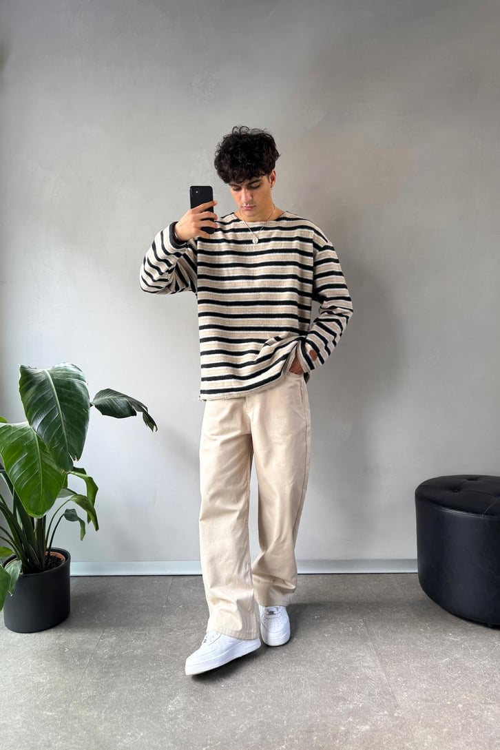 Çizgili Bisiklet Yaka Oversize Sweatshirt