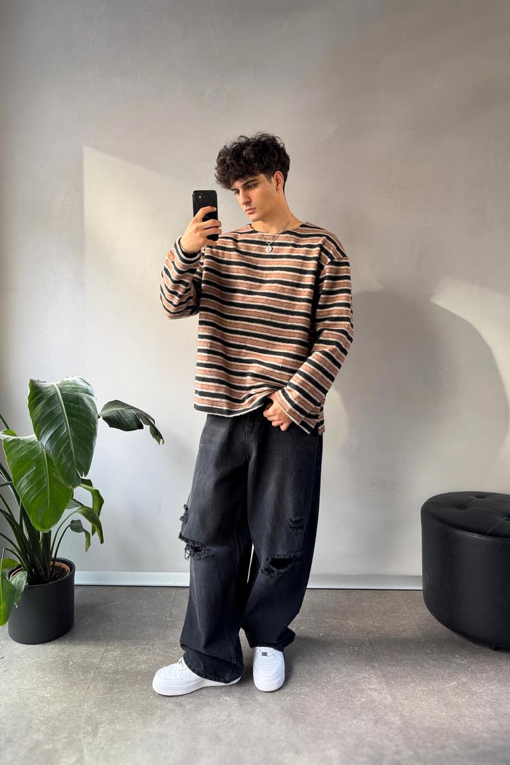 Çizgili Bisiklet Yaka Oversize Sweatshirt